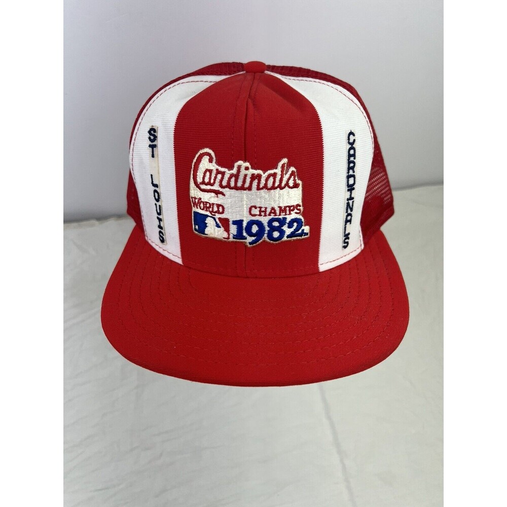 Vtg 1982 St. Louis Cardinals MLB World Champs Red Trucker Hat Lucky Stripes Sz L